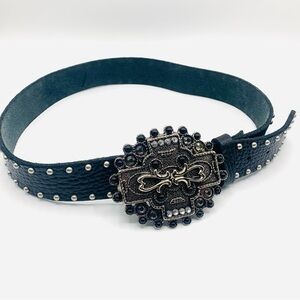 Pamela McCoy Genuine Leather Studded Belt w/ Ornate Cross Buckle – Black L/XL